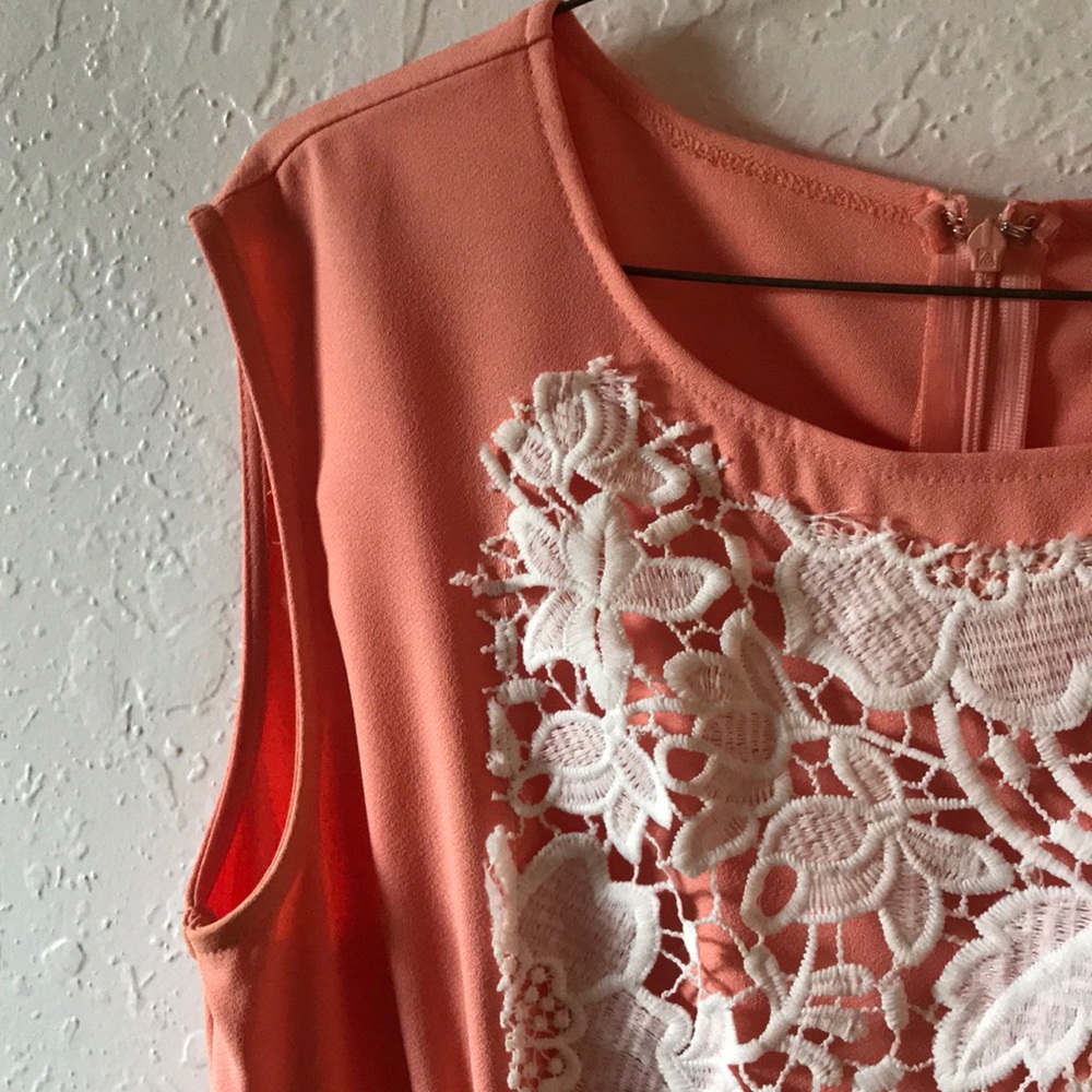 peach dress with white lace